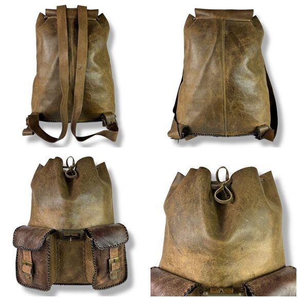 Vintage Distressed Handmade Rugged Rustic Soft Brown Tan Leather Backpack Bag - Picture 6 of 12